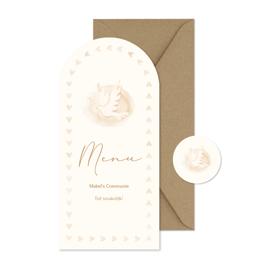 Boogvormig menukaartje met duif en kader van hartjes - Kaartimpressie