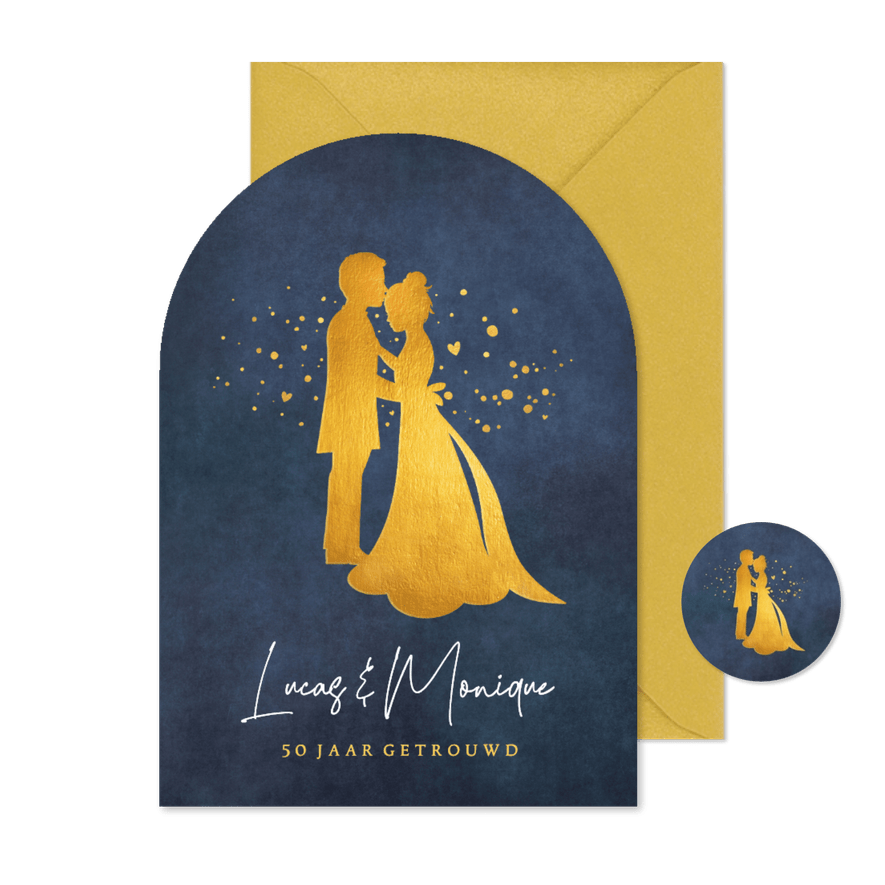 Boogvormige uitnodiging huwelijksjubileum gouden silhouet - Kaartimpressie