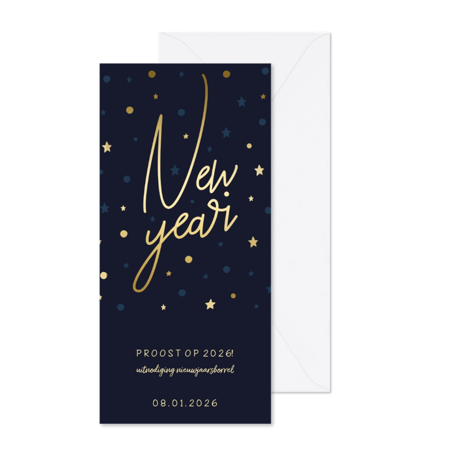 Borrel uitnodiging 'New Year' gouden sterren en confetti - Kaartimpressie