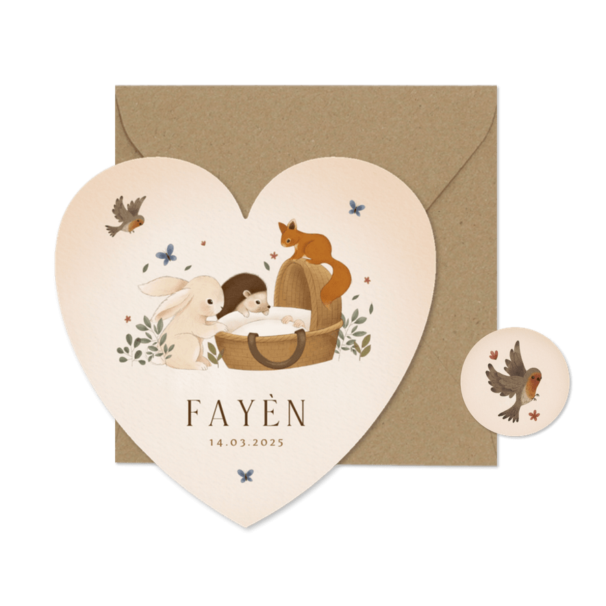 Bos geboortekaartje konijn egel eekhoorn vogel en vlinders - Kaartimpressie