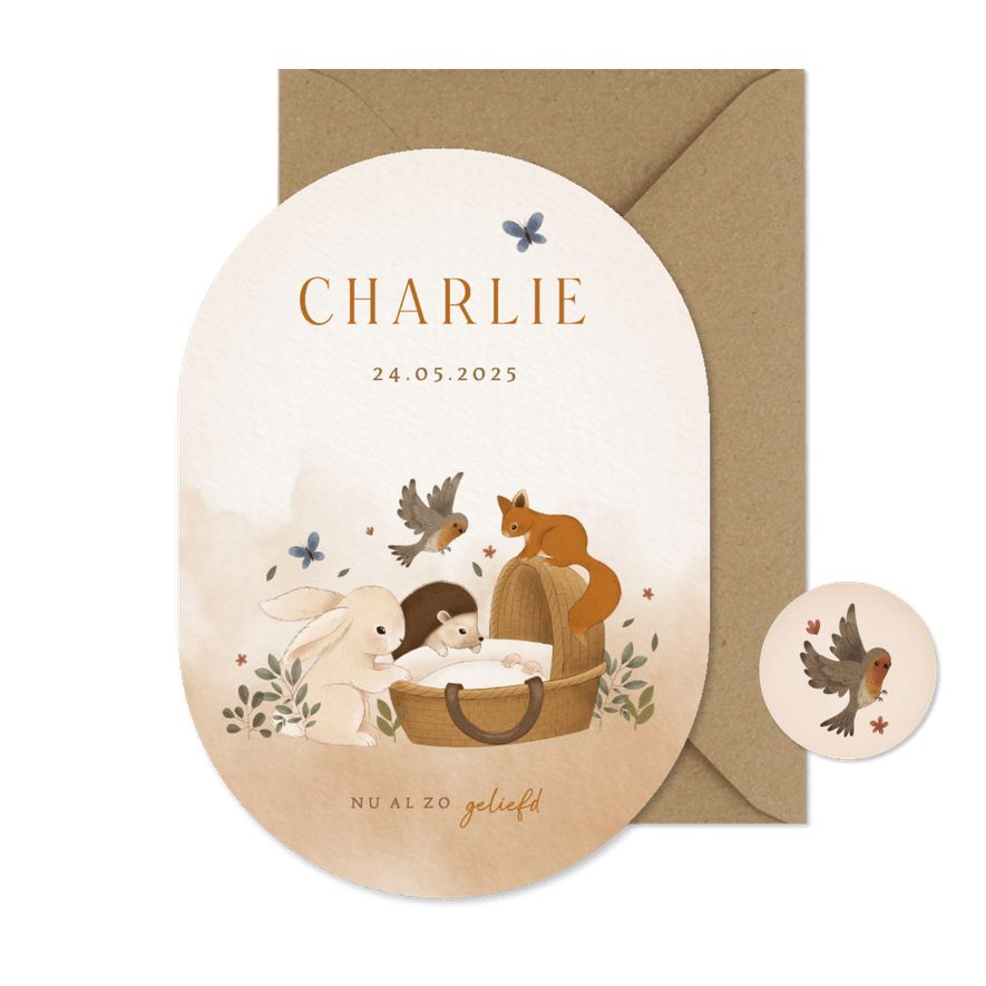 Bosdieren geboortekaartje konijn egel eekhoorn vogel wiegje  - Kaartimpressie