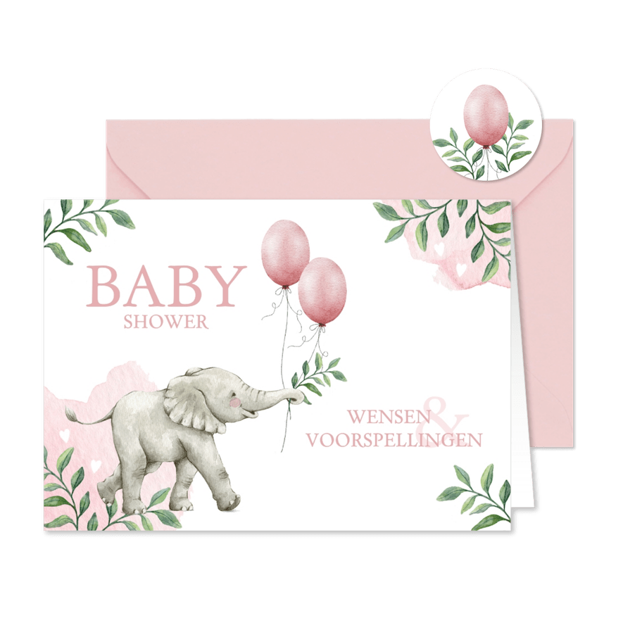 Botanisch babyshower invulkaartje met olifantje en ballonnen - Kaartimpressie