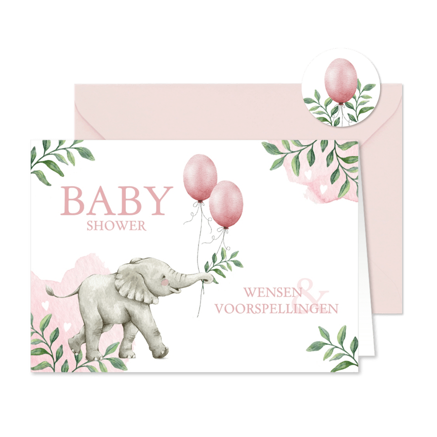 Botanisch babyshower invulkaartje met olifantje en ballonnen - Kaartimpressie
