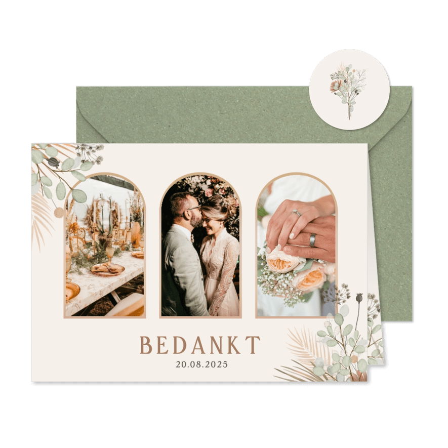 Botanisch bohemian bedankkaartje bruiloft met 3 foto's  - Kaartimpressie