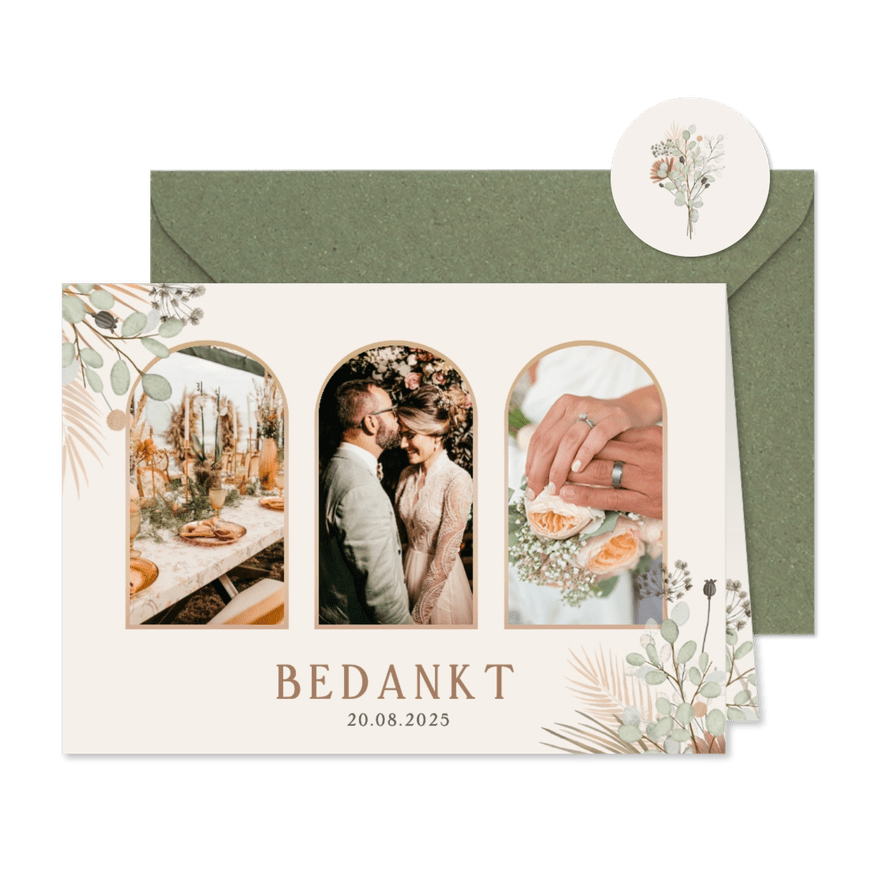 Botanisch bohemian bedankkaartje bruiloft met 3 foto's - Kaartimpressie