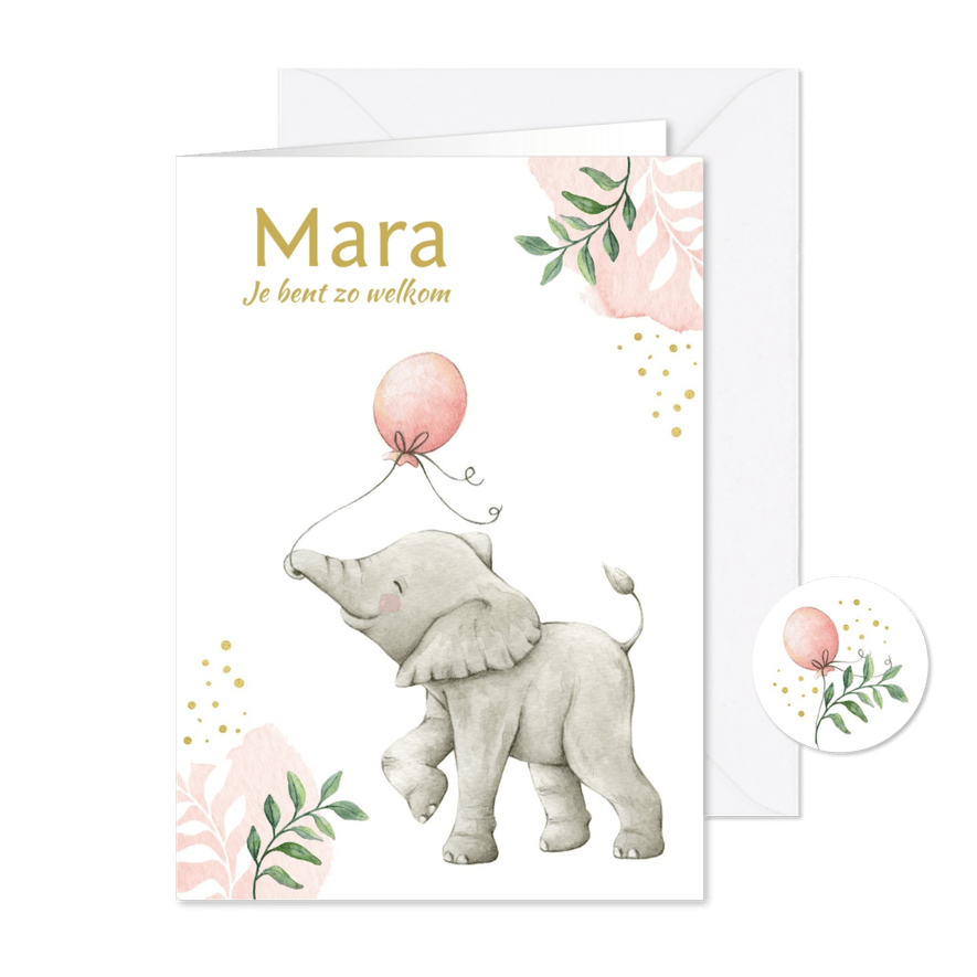 Botanisch geboortekaartje meisje met lief olifantje - Kaartimpressie
