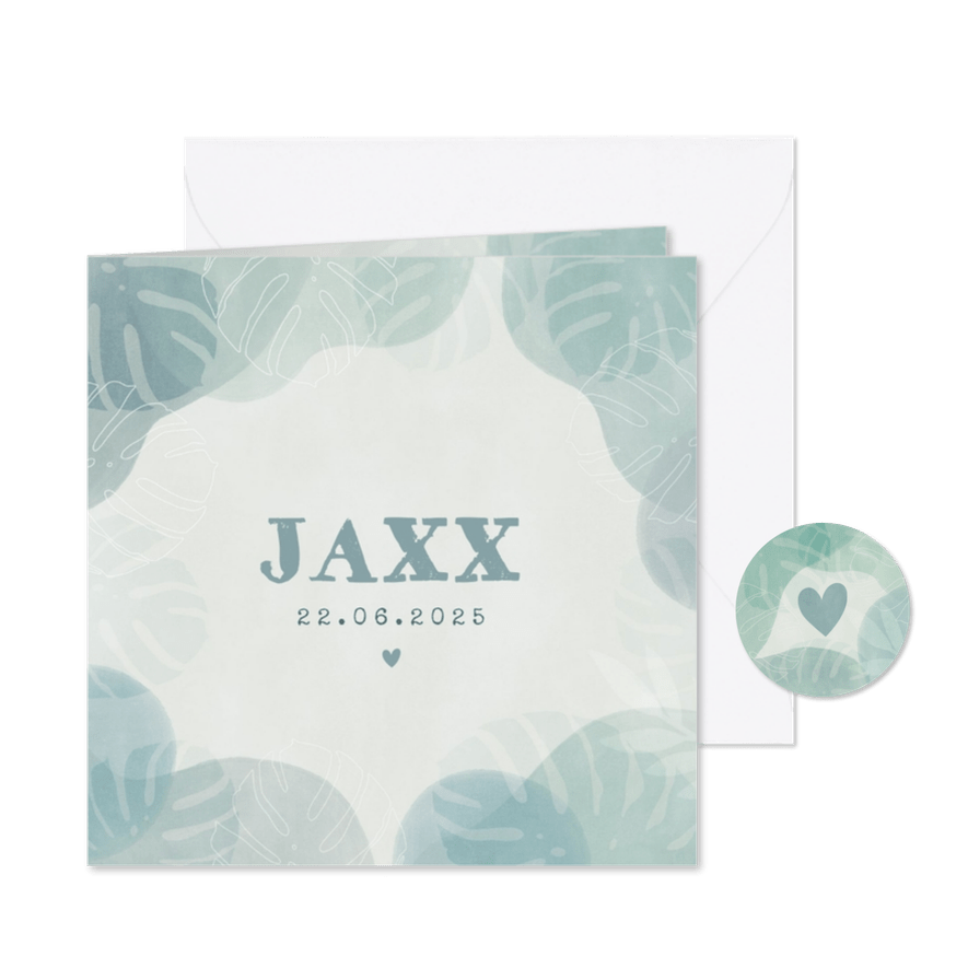 Botanisch geboortekaartje met junglebladeren jongetje - Kaartimpressie