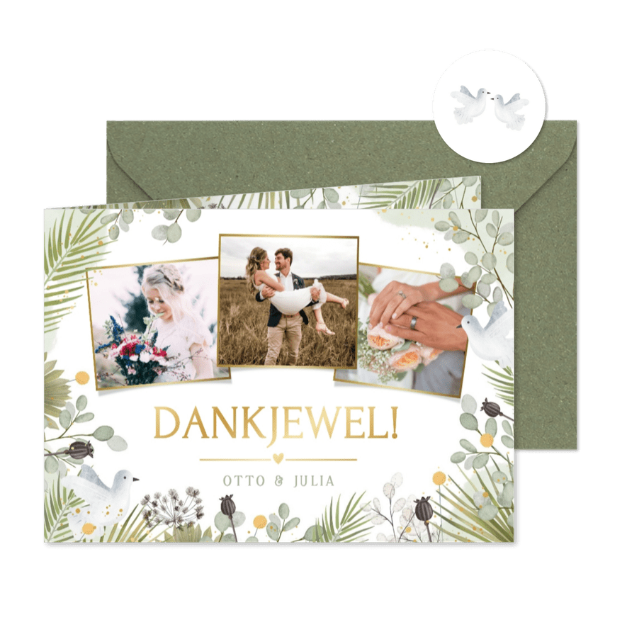 Botanische bedankt kaart trouwen met duifjes en 3 foto's - Kaartimpressie