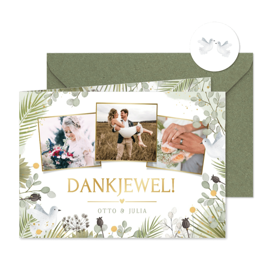 Botanische bedankt kaart trouwen met duifjes en 3 foto's - Kaartimpressie