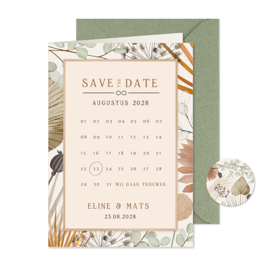 Botanische bohemian Save the Date kaart met kalender - Kaartimpressie