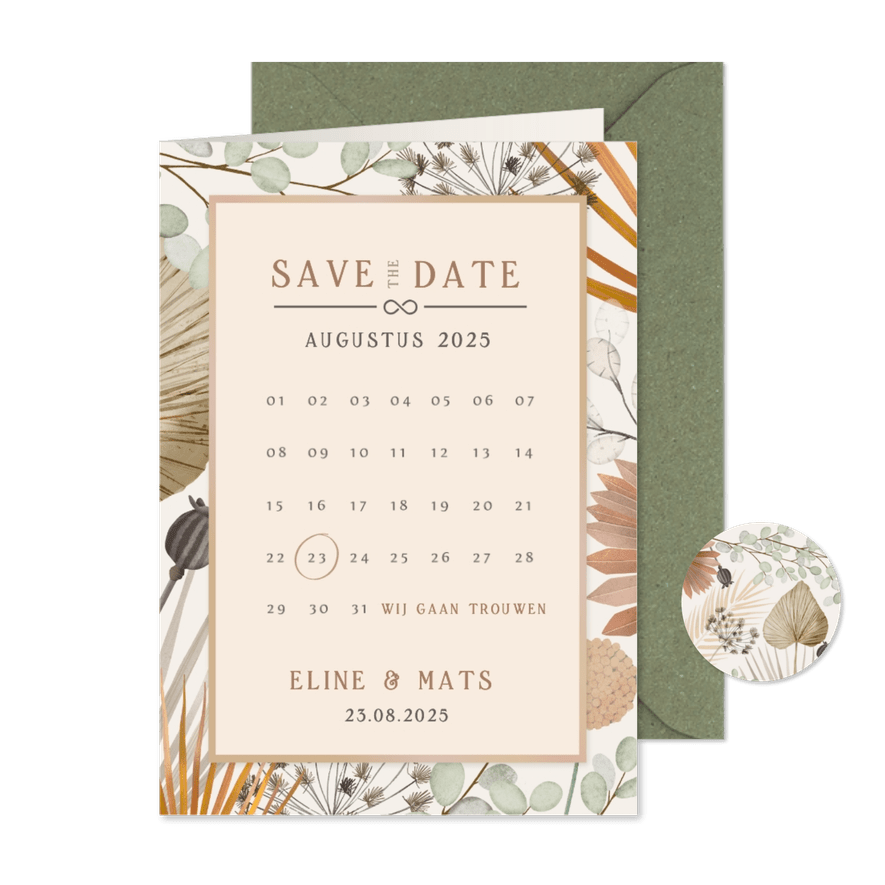 Botanische bohemian Save the Date kaart met kalender - Kaartimpressie