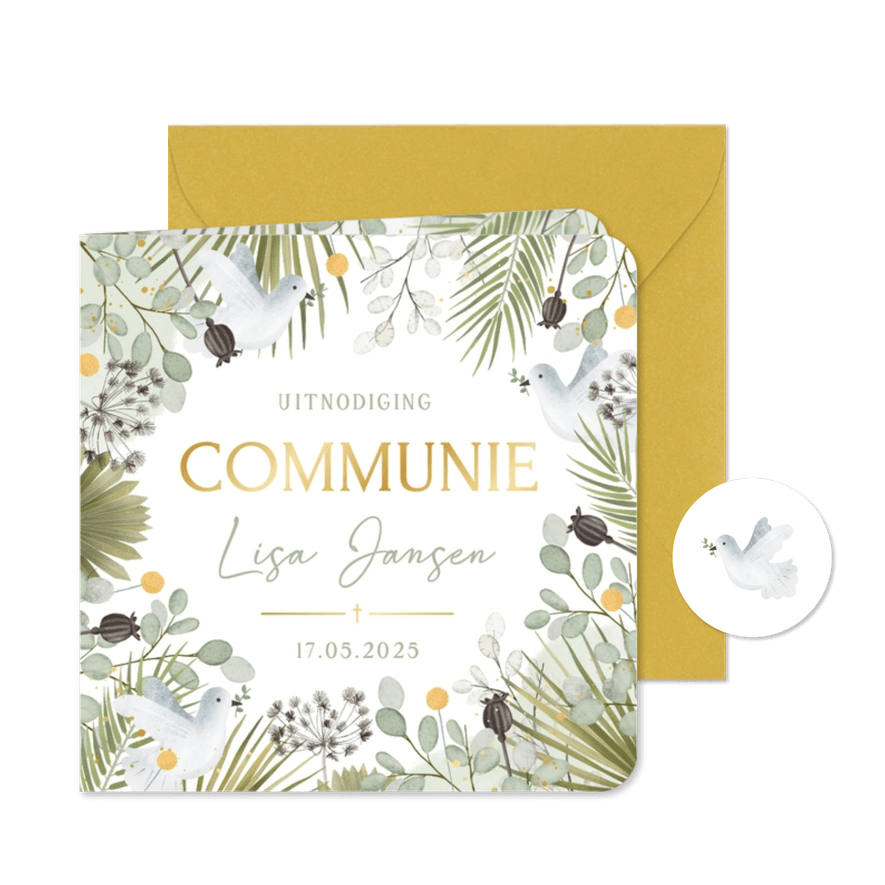 Botanische communie uitnodiging met takjes en duifjes - Kaartimpressie