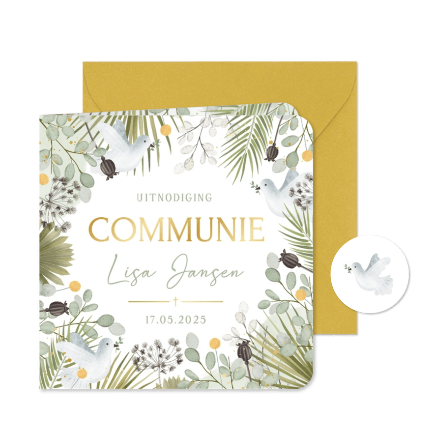 Botanische communie uitnodiging met takjes en duifjes - Kaartimpressie
