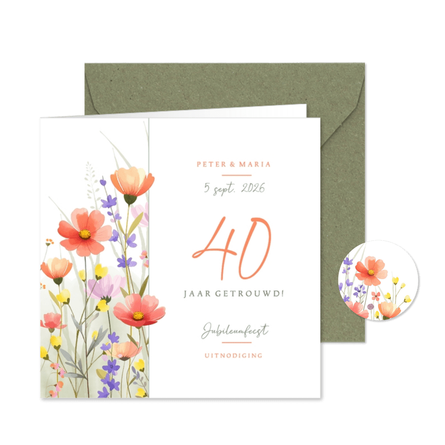 Botanische jubileumkaart met aquarel gemengde wilde bloemen - Kaartimpressie