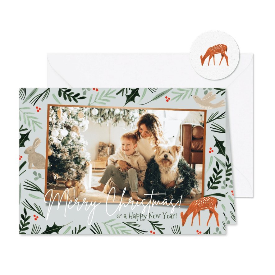 Botanische kerstkaart met foto en dieren illustratie - Kaartimpressie