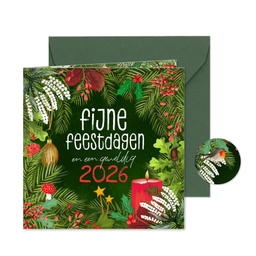 Botanische kerstkaart met kaars - Kaartimpressie