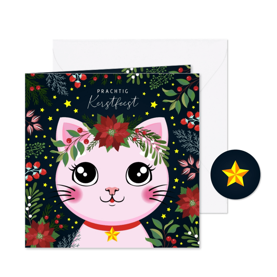 Botanische kerstkaart met kat - Kaartimpressie