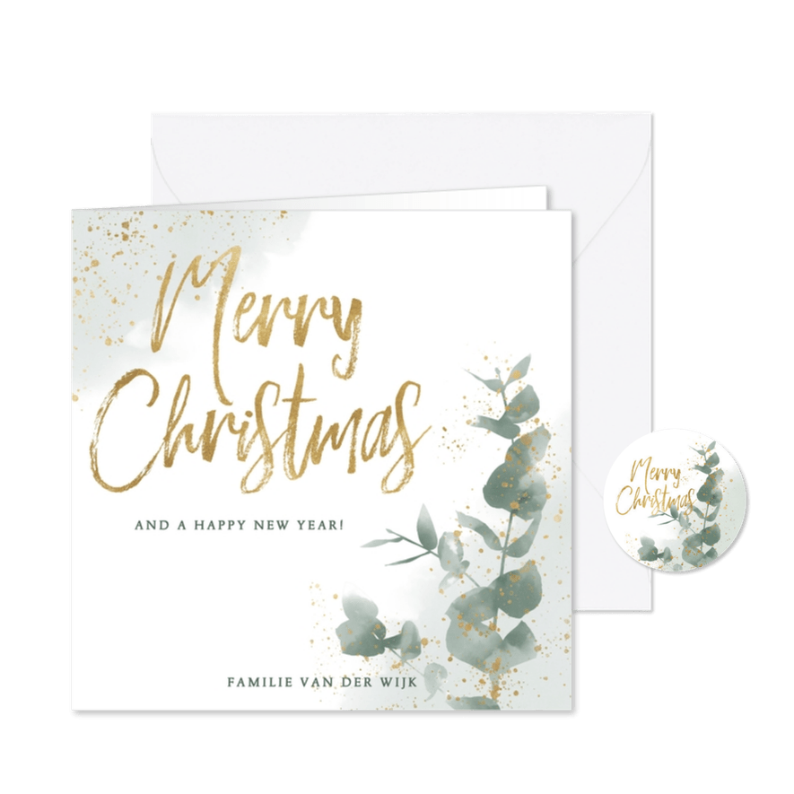 Botanische kerstkaart takje, merry christmas en waterverf - Kaartimpressie