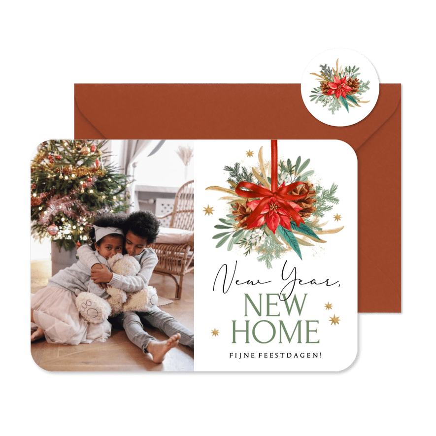 Botanische kerstverhuiskaart bladertakken goud foto - Kaartimpressie