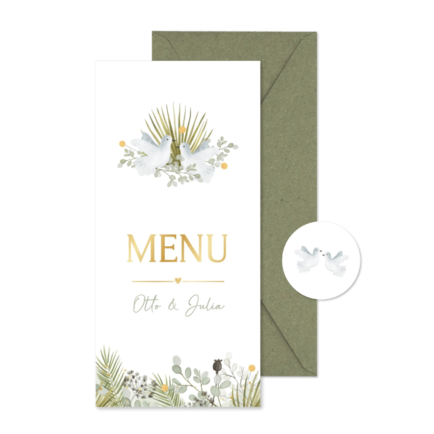 Botanische menukaart trouwen met planten en duifjes - Kaartimpressie