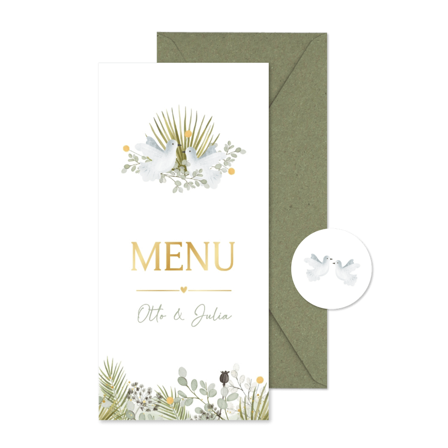 Botanische menukaart trouwen met planten en duifjes - Kaartimpressie