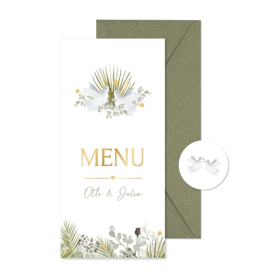 Botanische menukaart trouwen met planten en duifjes - Kaartimpressie