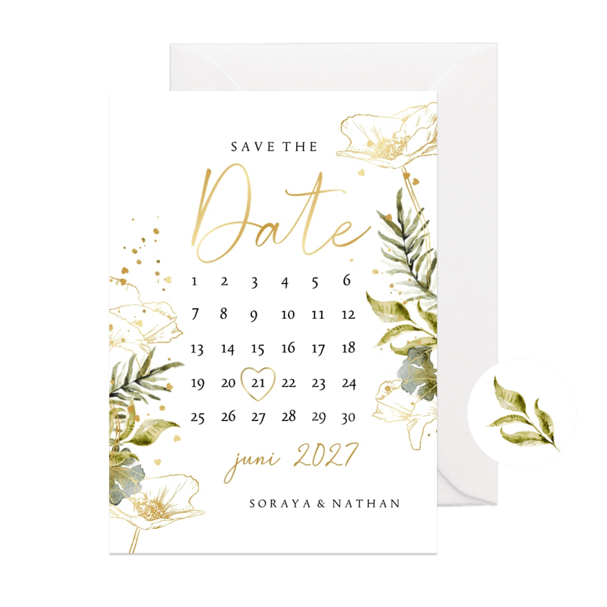 Botanische save the date kaart kalender watercolour goud - Kaartimpressie