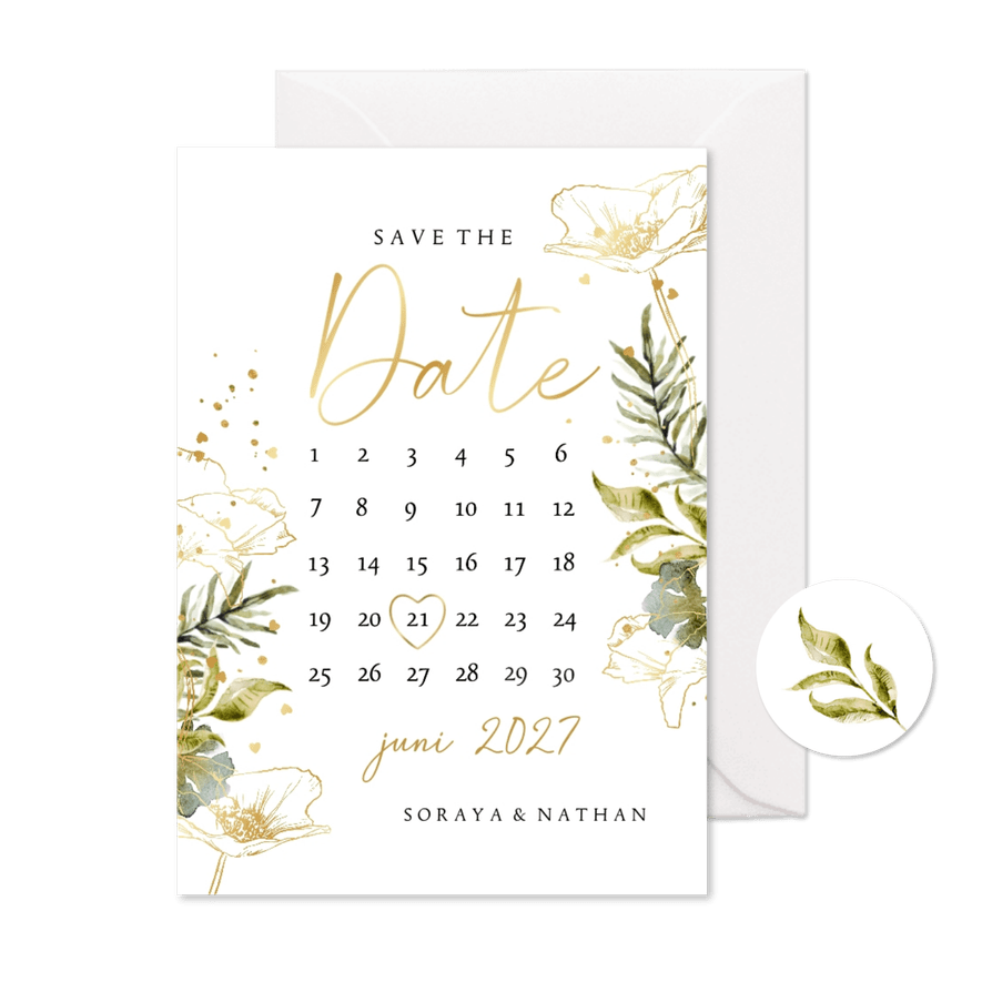 Botanische save the date kaart kalender watercolour goud - Kaartimpressie