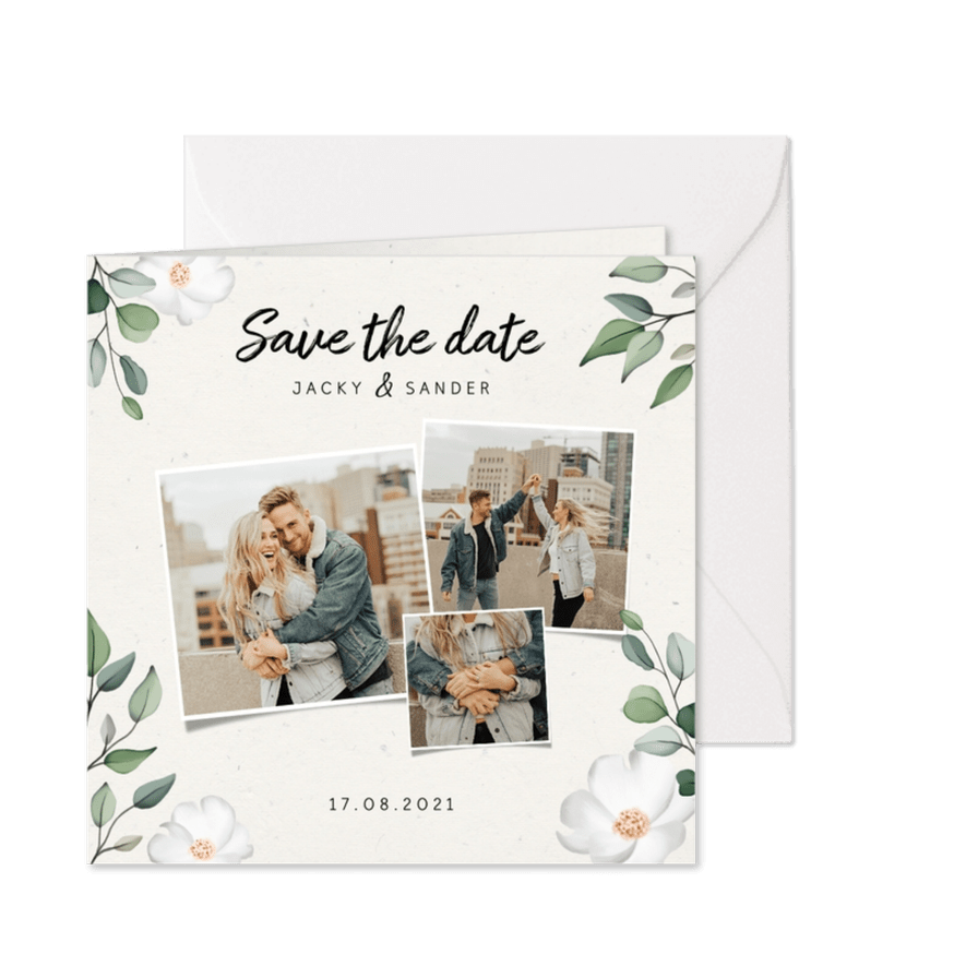 Botanische Save the date kaart met fotocollage - Kaartimpressie