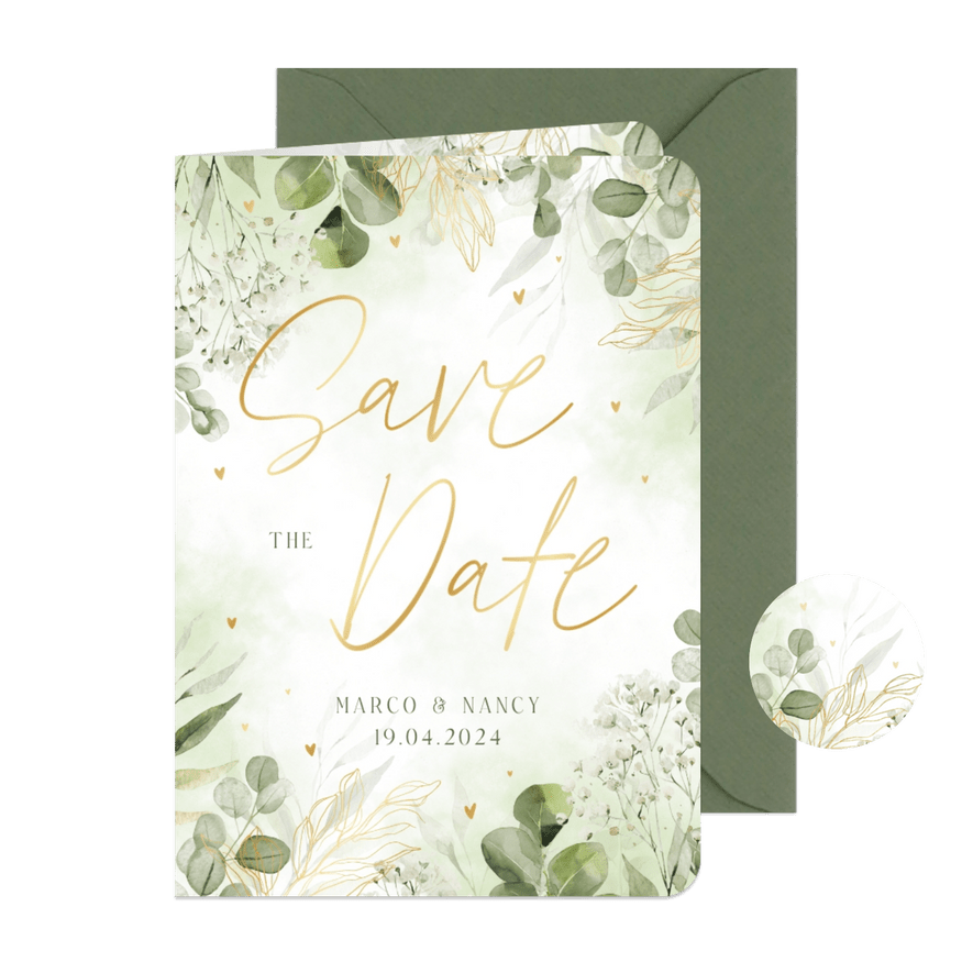 Botanische save the date kaart met waterverf en goudfolie - Kaartimpressie