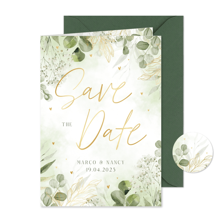 Botanische save the date kaart met waterverf en goudfolie - Kaartimpressie