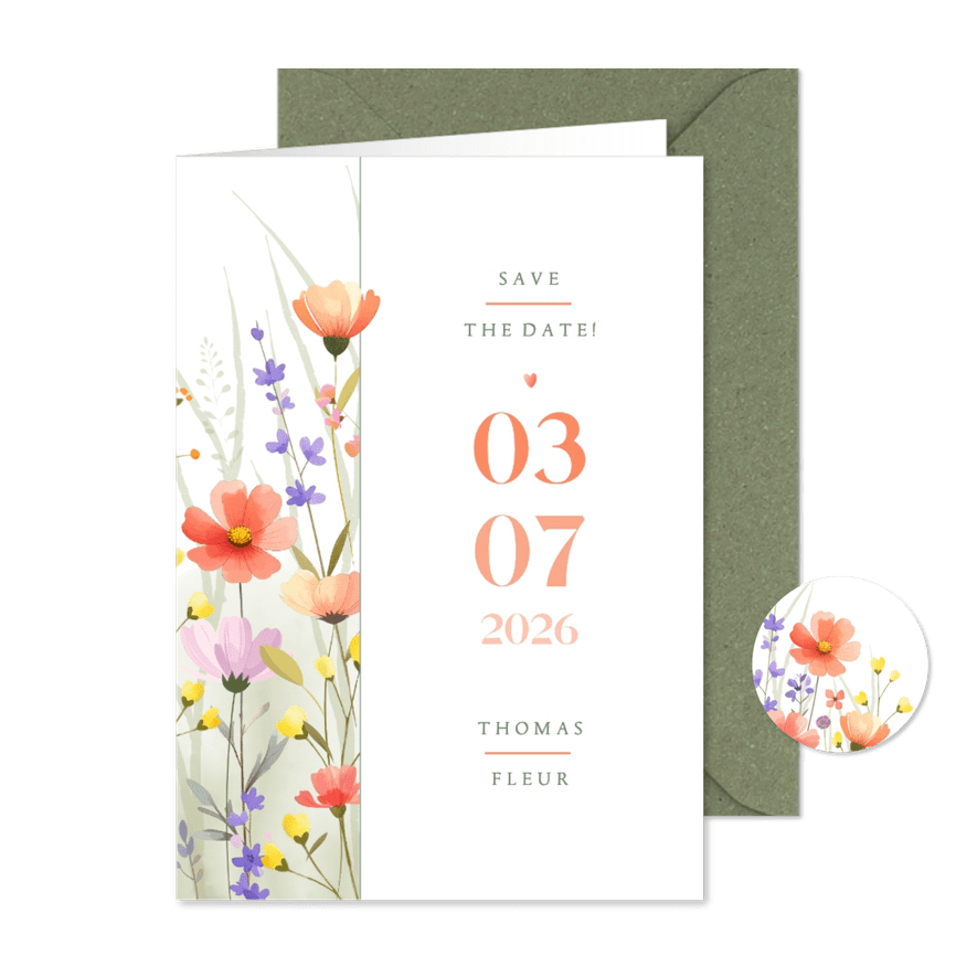 Botanische save the date met aquarel gemengde wilde bloemen - Kaartimpressie