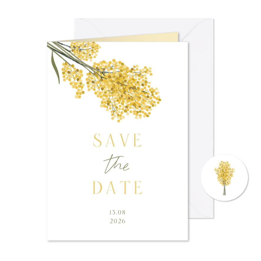 Botanische Save the Date trouwkaart mimosa geel - Kaartimpressie