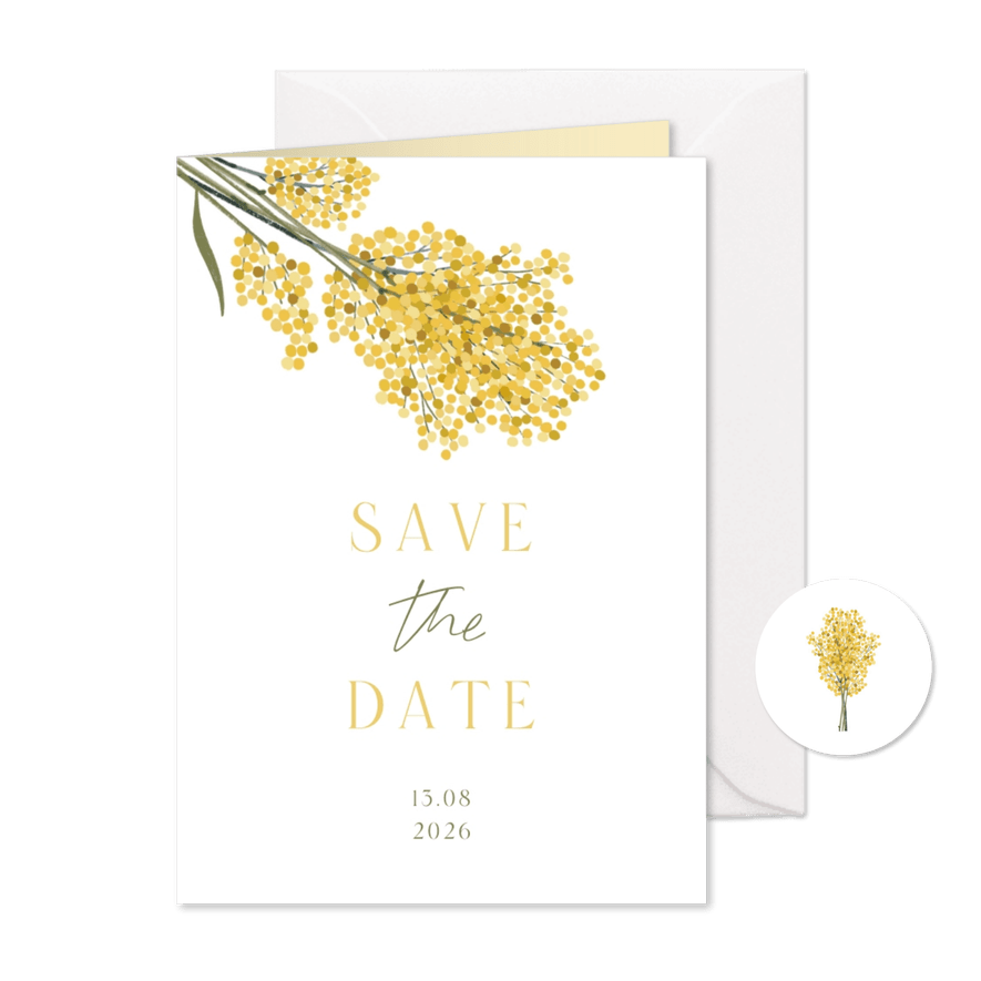 Botanische Save the Date trouwkaart mimosa geel - Kaartimpressie