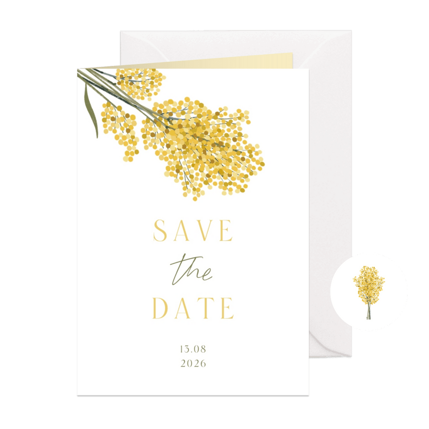 Botanische Save the Date trouwkaart mimosa geel - Kaartimpressie