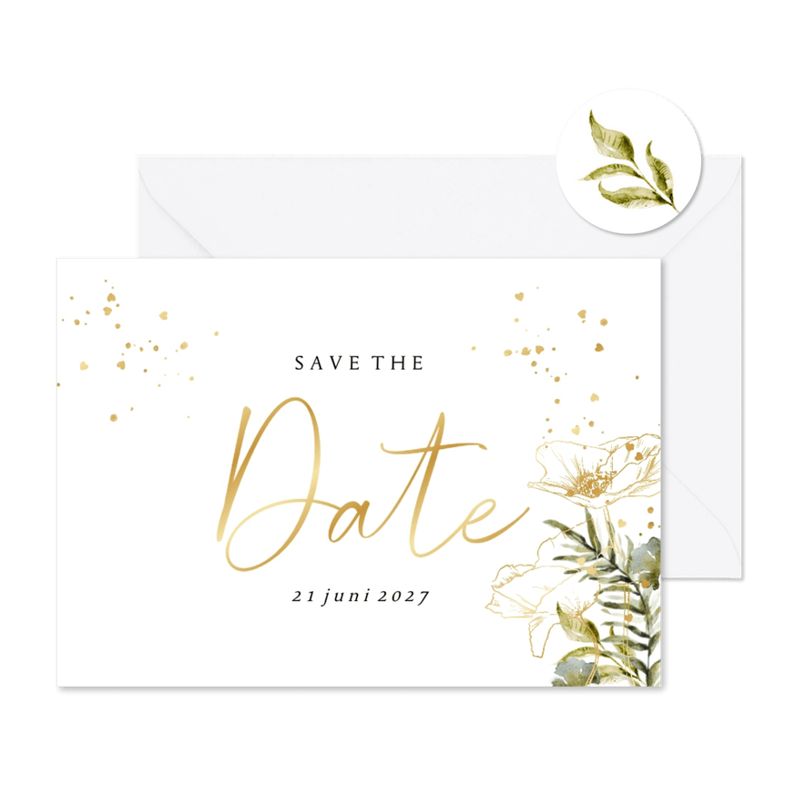 Botanische save the date waterverf bladeren hartjesconfettie - Kaartimpressie