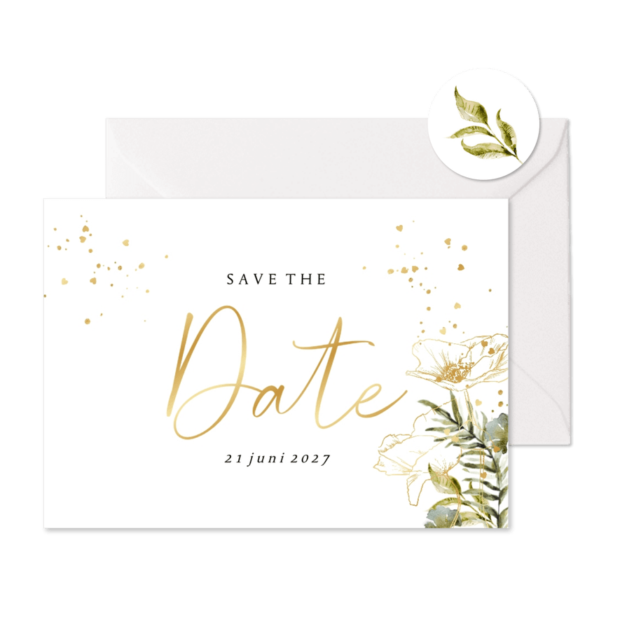 Botanische save the date waterverf bladeren hartjesconfettie - Kaartimpressie