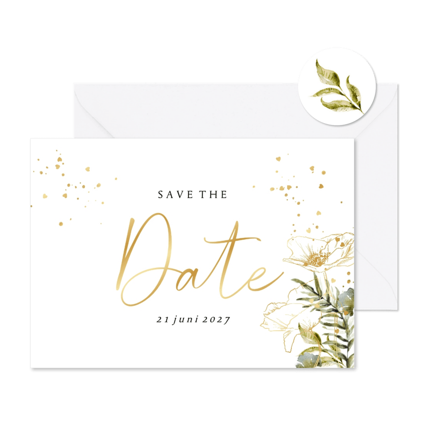 Botanische save the date waterverf bladeren hartjesconfettie - Kaartimpressie