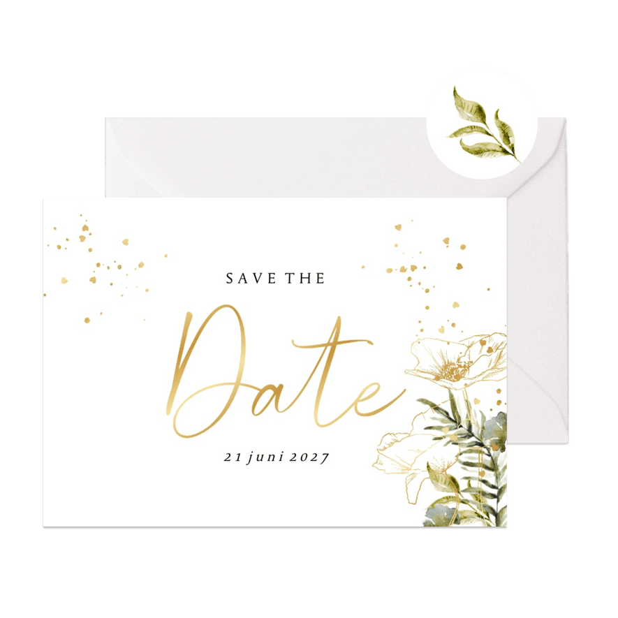 Botanische save the date waterverf bladeren hartjesconfettie - Kaartimpressie