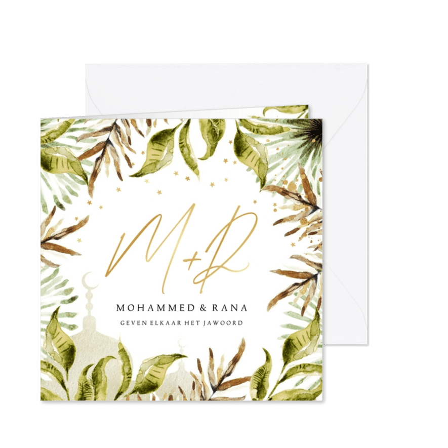 Botanische trouwkaart islamitisch watercolour moskee goud - Kaartimpressie