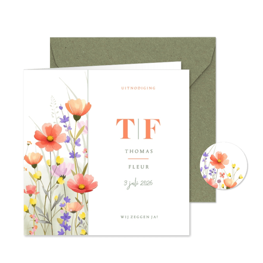 Botanische trouwkaart met aquarel gemengde wilde bloemen - Kaartimpressie