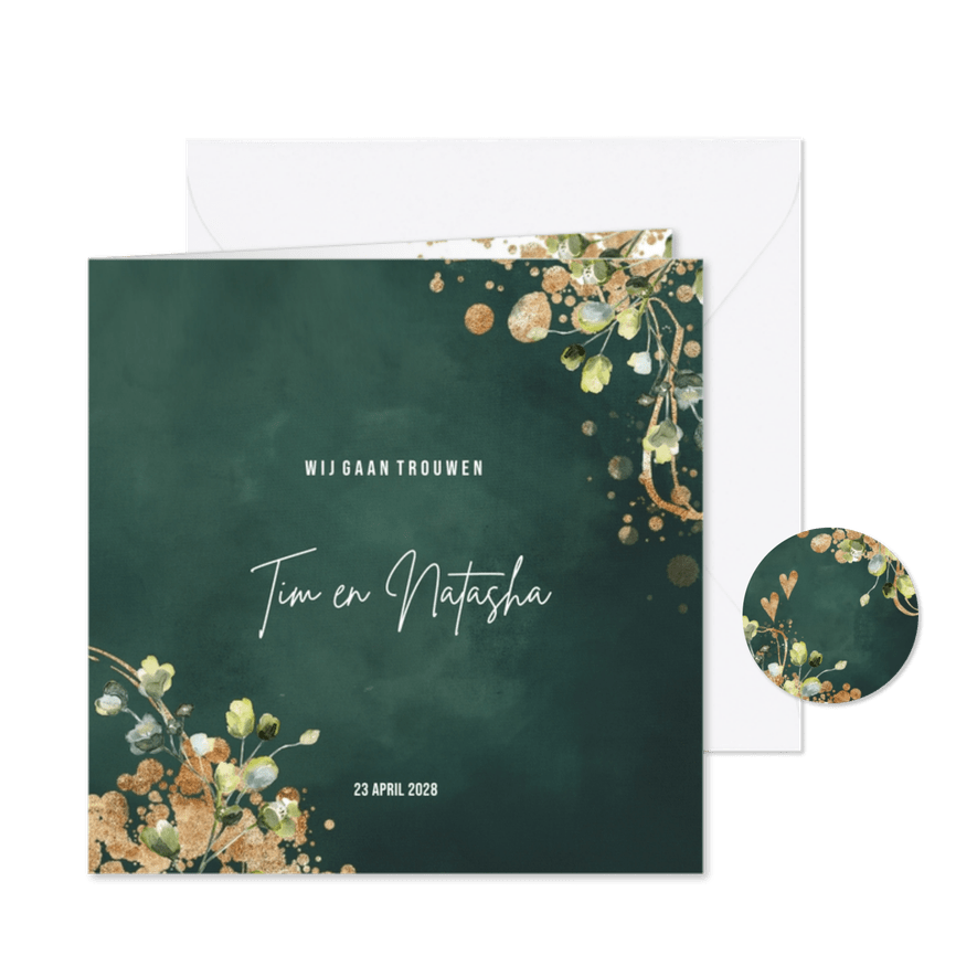 Botanische trouwkaart met groene watercolor - Kaartimpressie