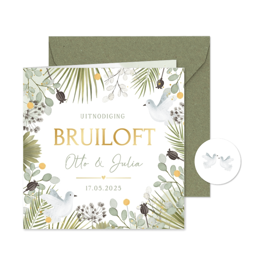 Botanische trouwkaart met witte duifjes en planten kader - Kaartimpressie