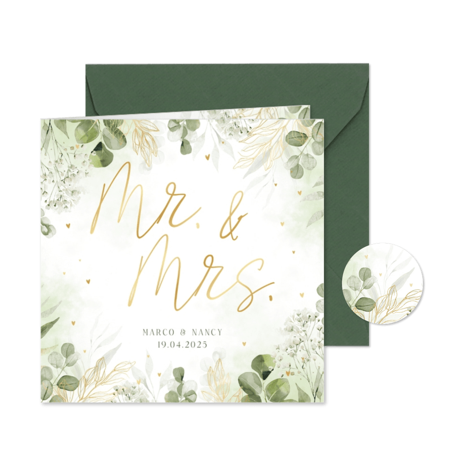 Botanische trouwkaart Mr. & Mrs. met waterverf en goudfolie - Kaartimpressie