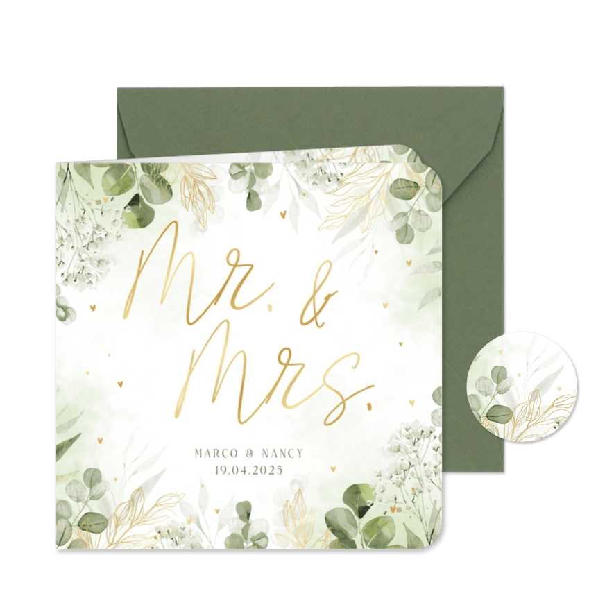 Botanische trouwkaart Mr. & Mrs. met waterverf en goudfolie - Kaartimpressie