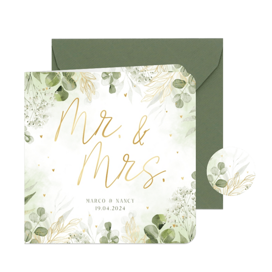 Botanische trouwkaart Mr. & Mrs. met waterverf en goudfolie - Kaartimpressie