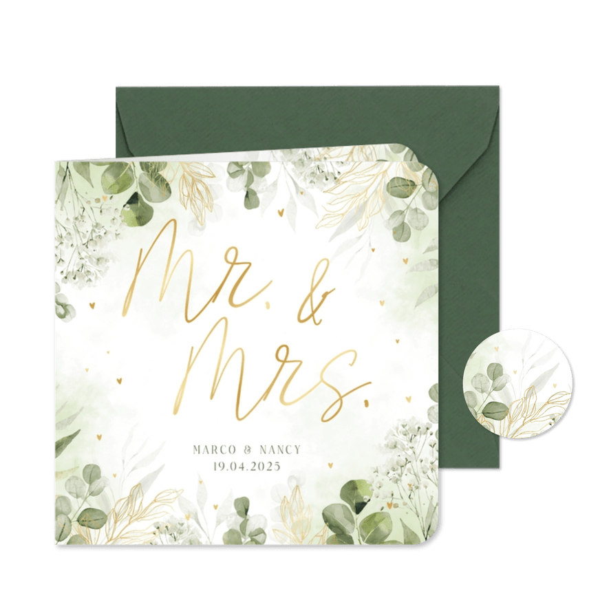 Botanische trouwkaart Mr. & Mrs. met waterverf en goudfolie - Kaartimpressie