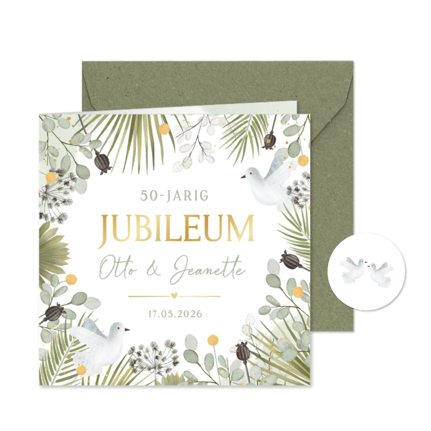 Botanische uitnodiging 50-jarig jubileum met duifjes - Kaartimpressie