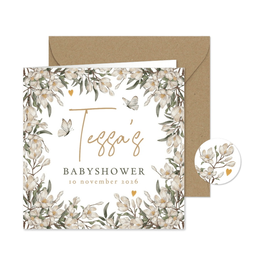Botanische uitnodiging babyshower met bloemen en vlinders - Kaartimpressie