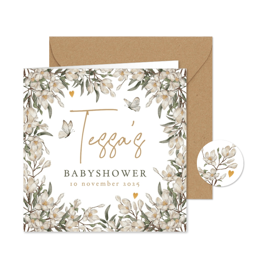 Botanische uitnodiging babyshower met bloemen en vlinders - Kaartimpressie